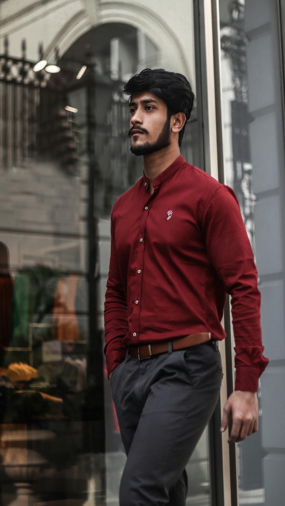 Step up your style with our slim-fit maroon mandarin shirt, designed for confidence and class.